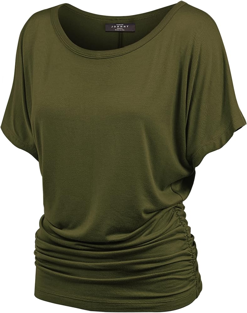 Made By Johnny Women's Solid Short Sleeve Boat Neck V Neck Dolman Top with Side Shirring-Made in U.S.A.