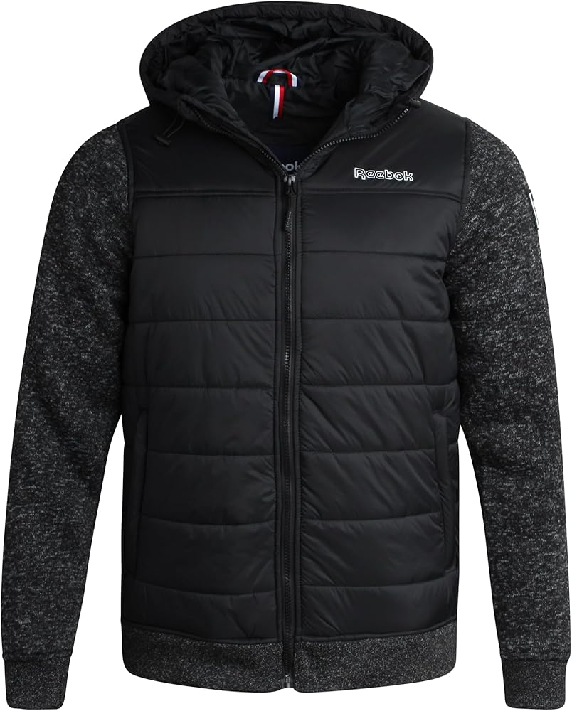 Reebok Men's Jacket - Quilted Puffer Bomber Jacket with Fleece and Tricot Sleeves - Hooded Outdoor Jackets for Men (L-XL)