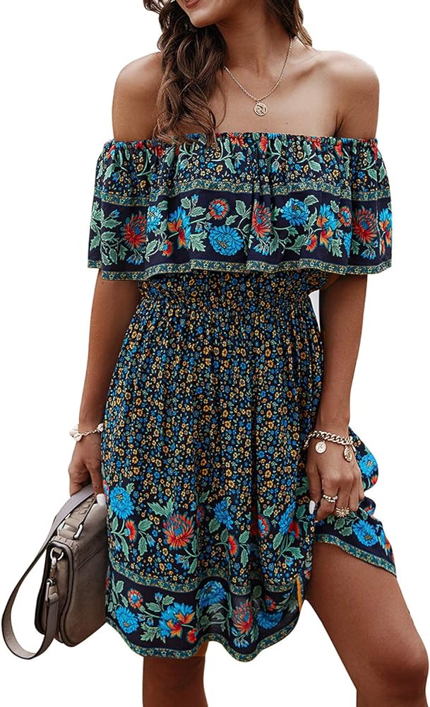 Off Shoulder Boho Floral Swing Mini Dress Summer Strapless Pleated Short Dress