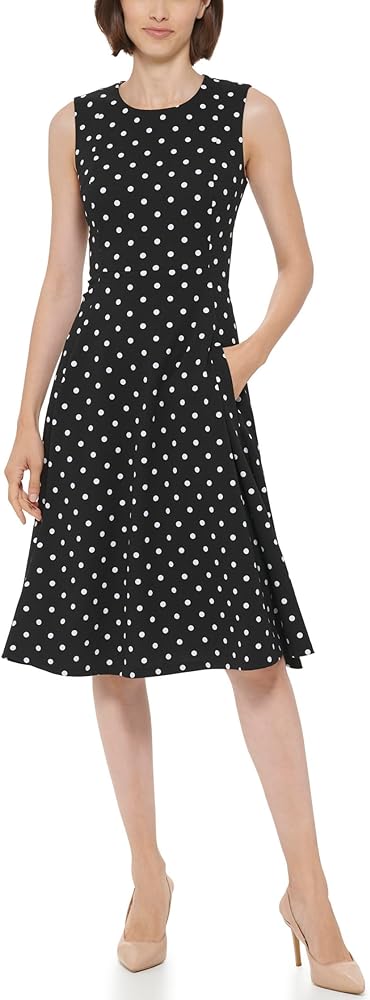 Calvin Klein Women's Polka Dot Fit and Flair Scuba Crepe Dress