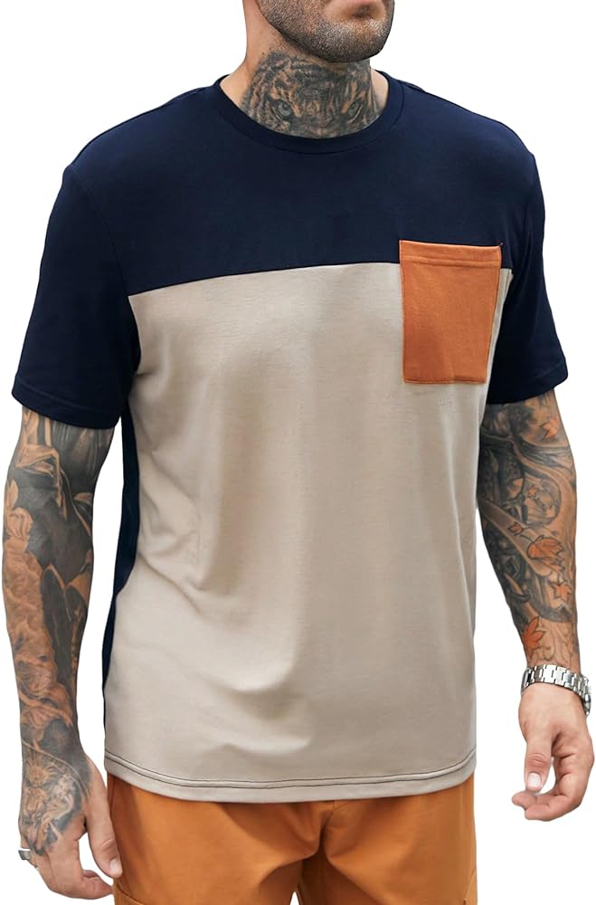 SOLY HUX Men's Color Block Tee Tops Short Sleeve Round Neck Pocket Front T Shirts