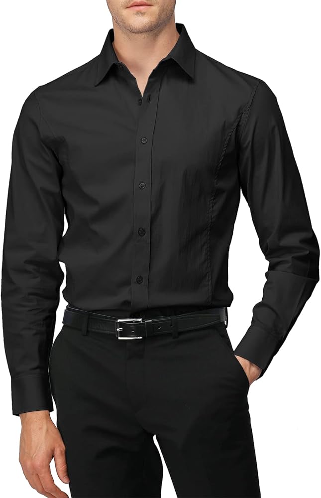 H2H Mens Slim Fit Dress Shirts Stretch Long Sleeve Basic Formal Shirts Solid Business Casual Button Down Shirts