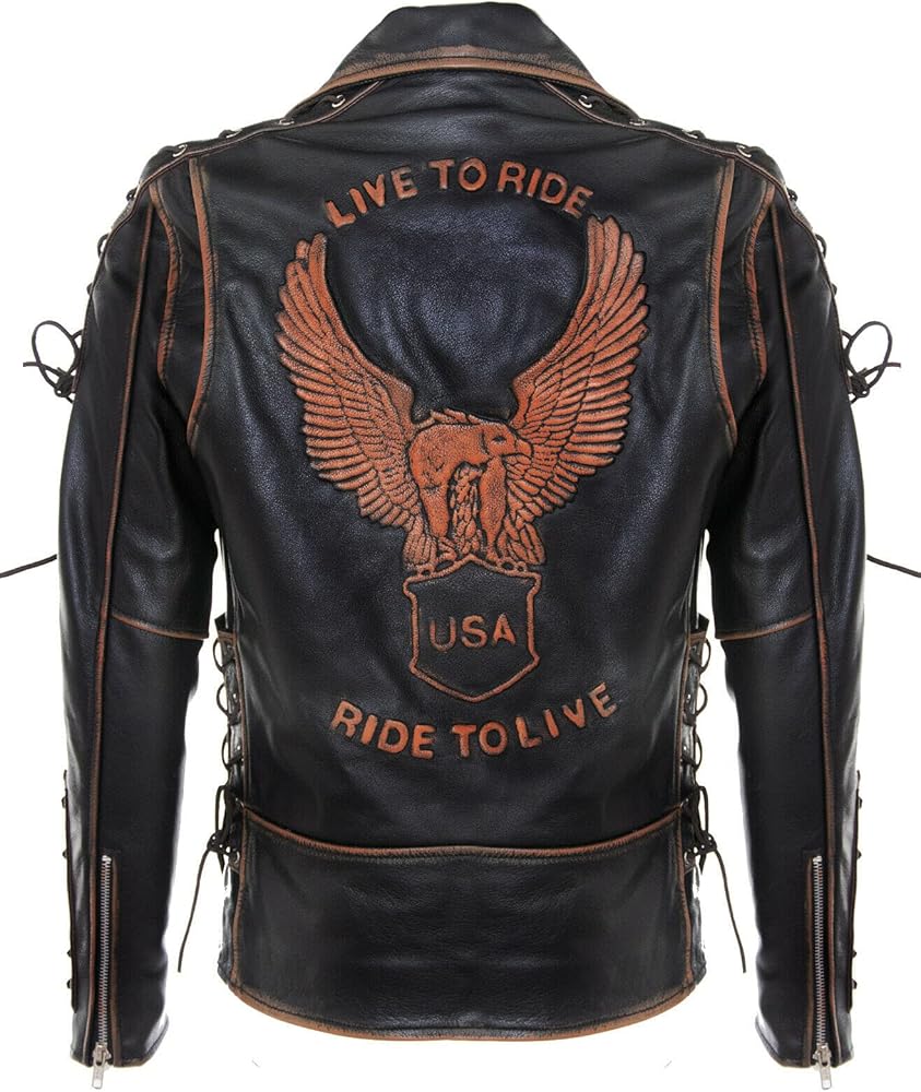 Mens Vintage Black Brando “LIVE TO RIDE” Embossed EAGLE Leather Biker Motorcycle Jacket