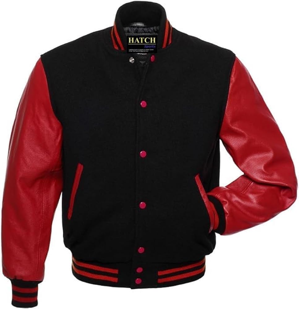 Hatch Sports Men's Classic Varsity Letterman Jackets Genuine Leather Sleeve and Wool Blend Baseball College Varsity Jackets