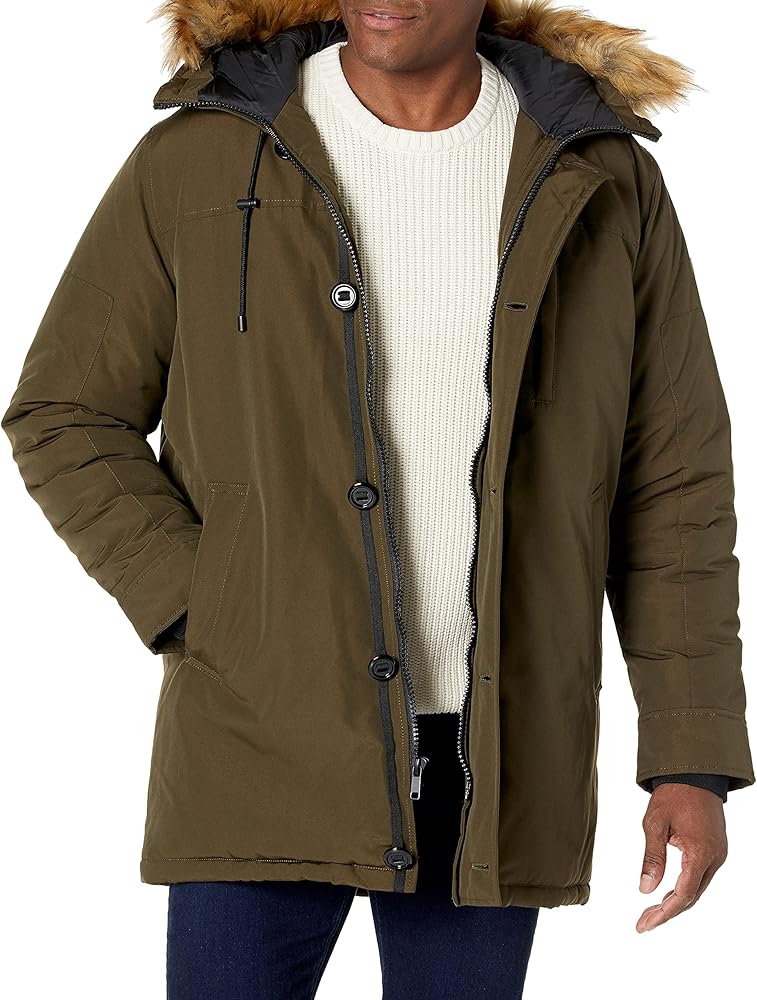 GUESS Mens Heavyweight Hooded Parka Jacket With Removable Faux Fur Trim