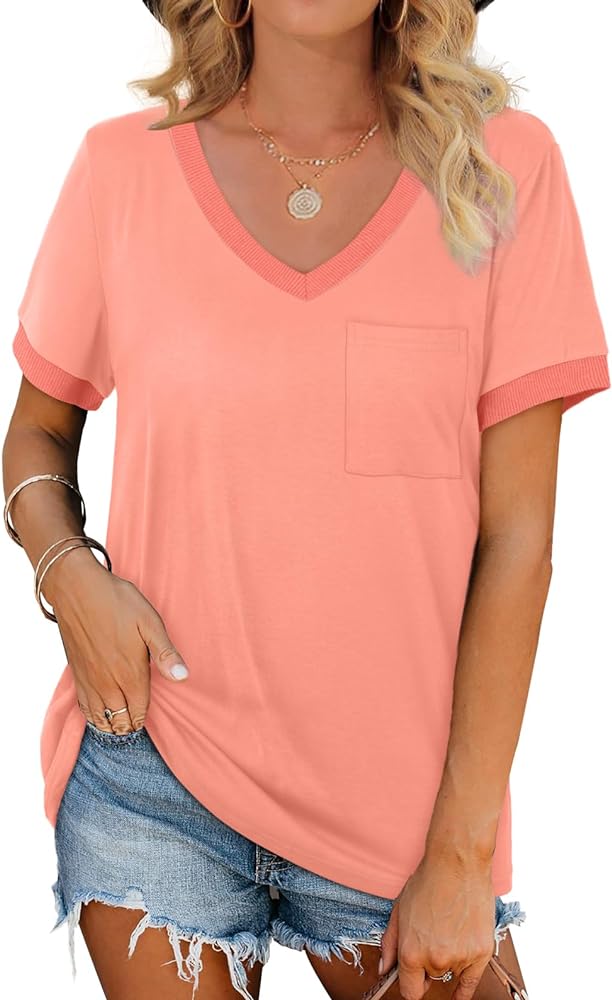 Geifa Womens T Shirts Short Sleeve V Neck Loose Casual Summer Tops with Pocket