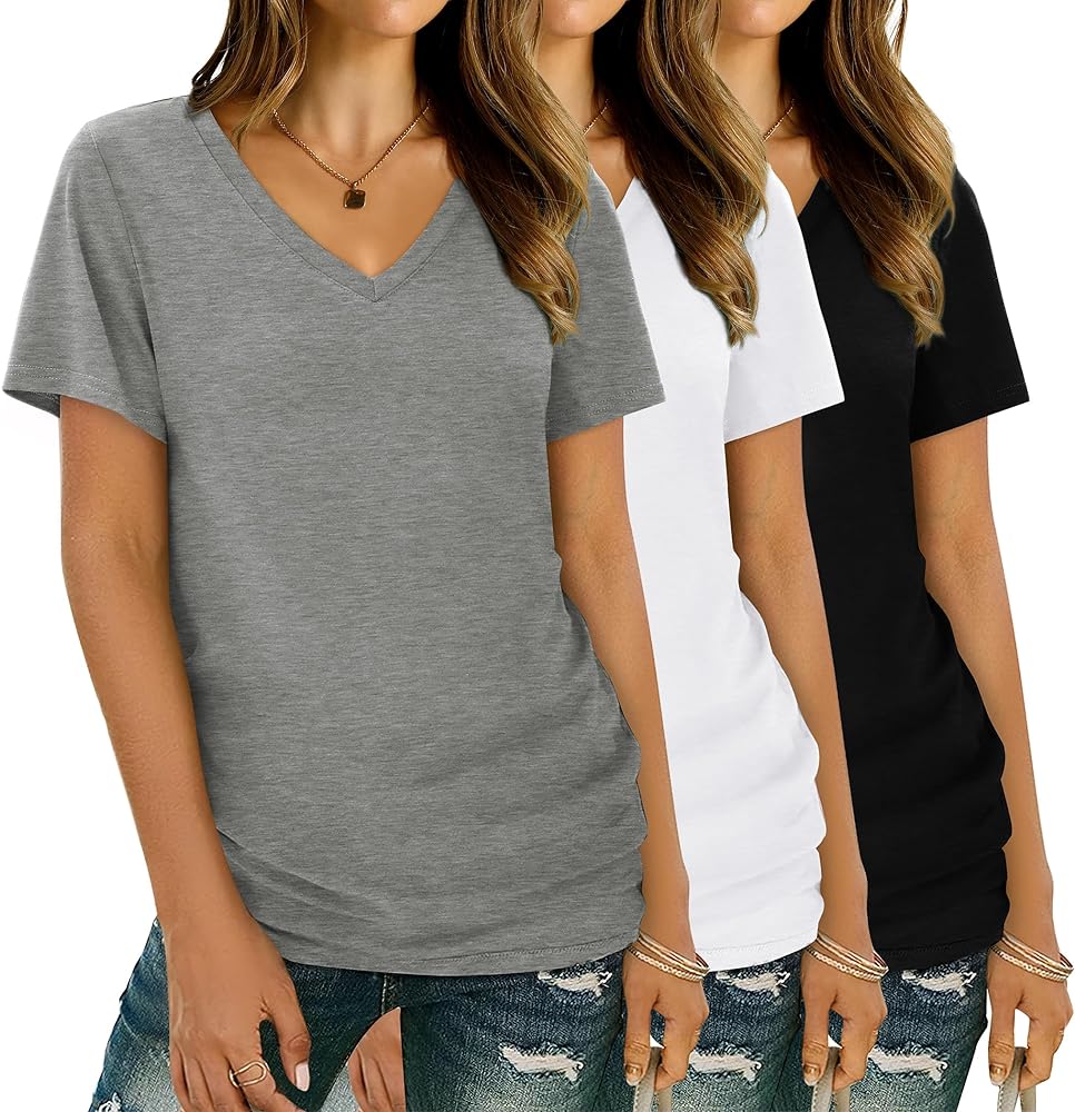 XIEERDUO Womens T Shirts V Neck Summer Tops Basic Short Sleeve Shirts 2 Pack/3 Pack