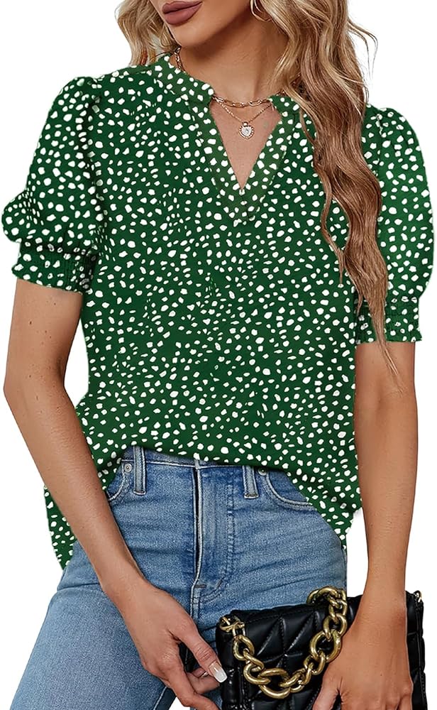 Astylish Womens Fashion Blouses Notched V Neck Puffer Short Sleeve Shirt Polka Dot Tops Chiffon Dressy Shirts