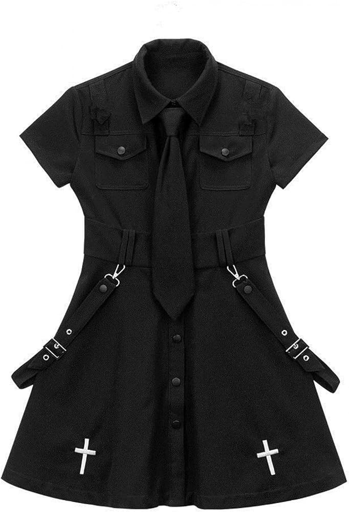 Goth Dress Punk Gothic Harajuku Summer Black Mini Dress Shirt Women Short Sleeve Emo Clothes Mall Goth Accessories