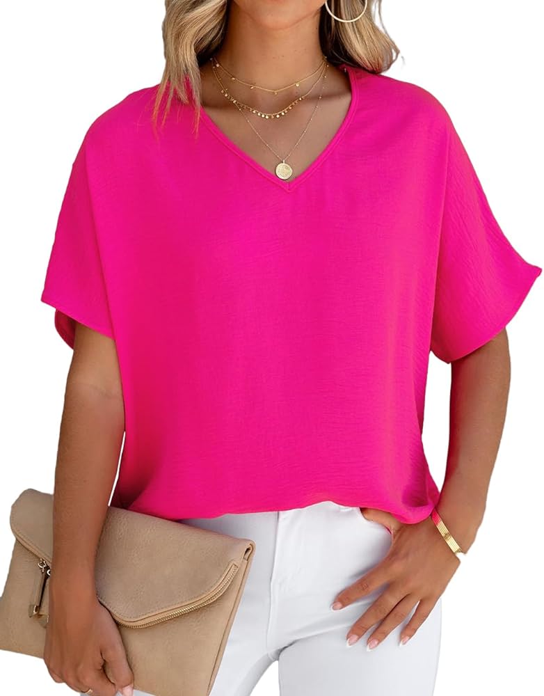 Allimy Women Summer Casual V Neck Textured Blouses Loose Short Sleeve Tops