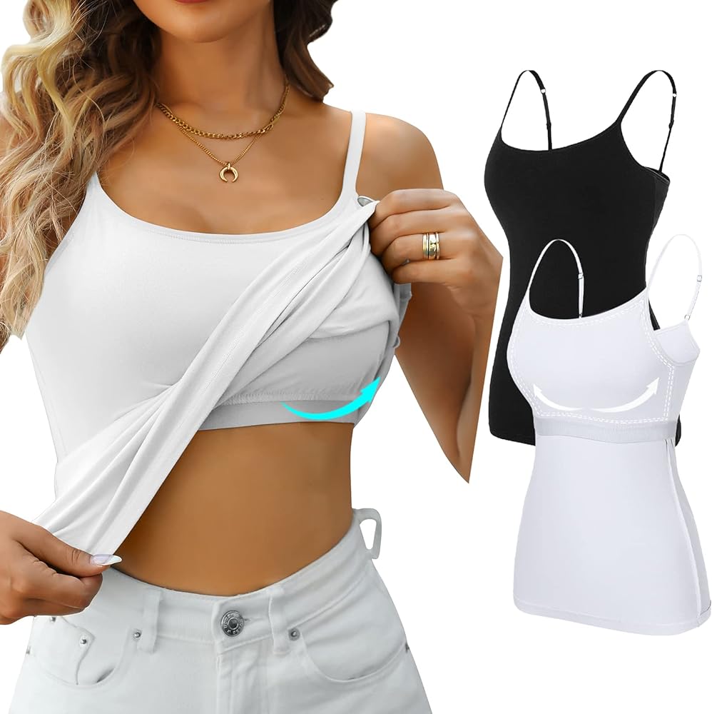 V FOR CITY Cotton Shelf Bra Camisoles Top for Women Adjustable Spaghetti Strap Tank Tops Basic Layer Camis 2 Pack