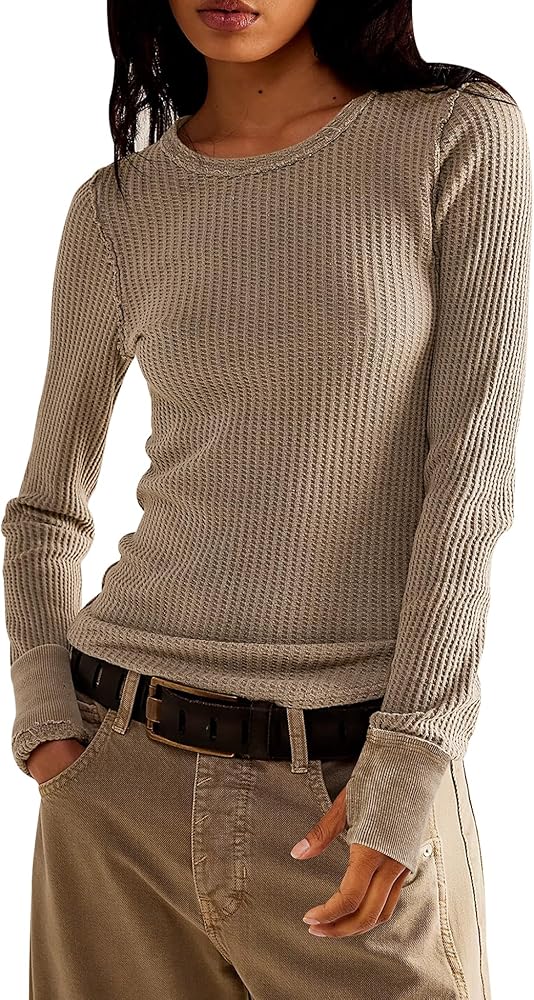 Women's Waffle Knit Tops Long Sleeve Shirts Casual Slim Fitted Crew Neck Pullover Shirts