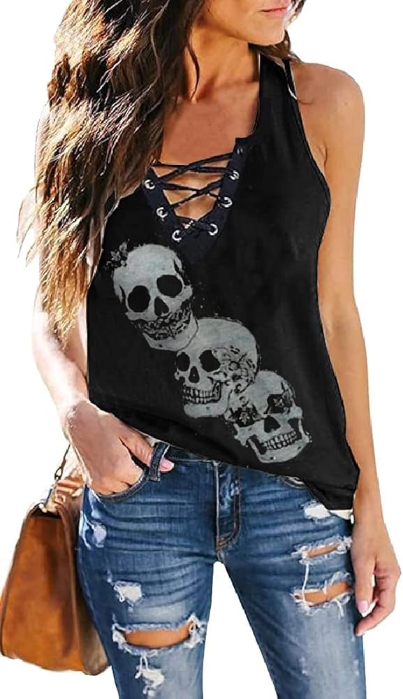 Skull Shirts for Women Tank Top V-Neck Lace Up Sleeveless Casual Summer Workout Yoga Tank Tops