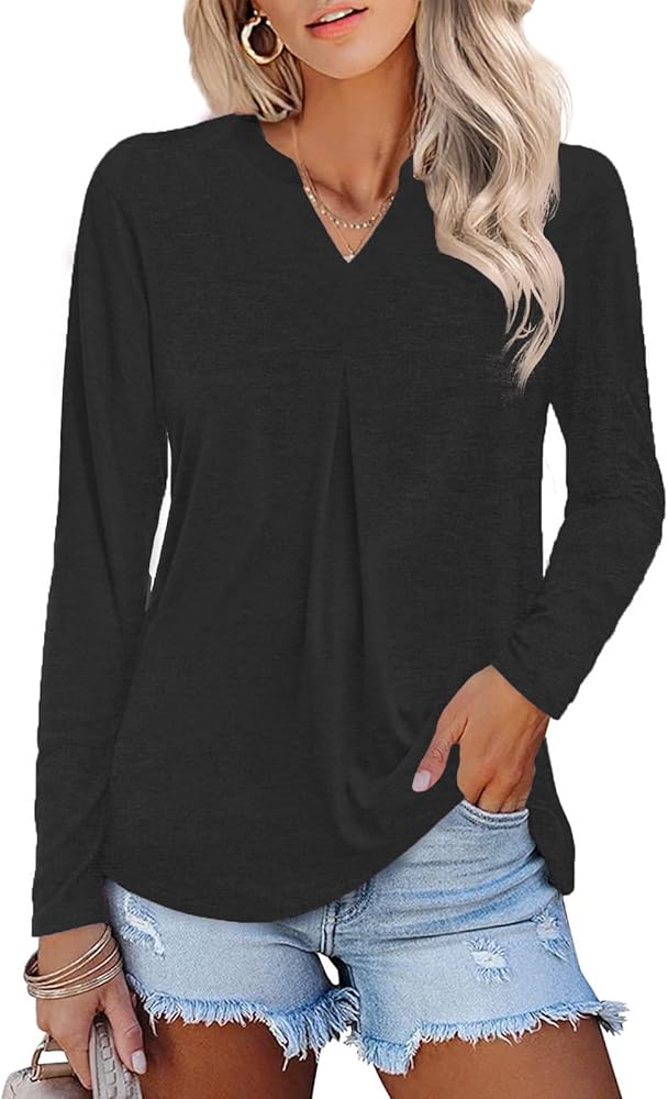 MixShe Womens Tops Long Sleeve Shirts Fall Clothes Dressy Casual V Neck Blouses Fashion Ladies Tunics Loose Fitting Tees