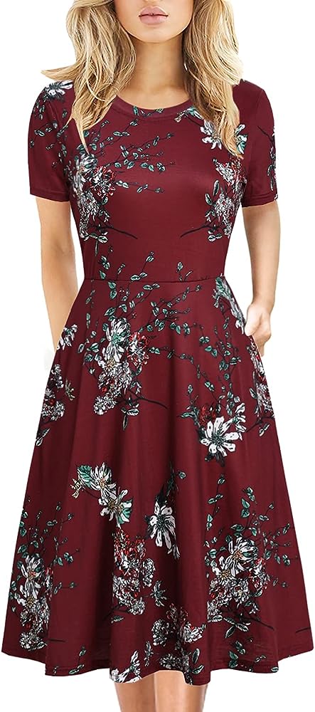 Women's Elegant Vintage Summer Casual Floral Print Work Party Swing A-Line Dress with Pockets H162