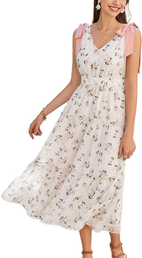 GRACE KARIN Floral Dress for Women Summer Casual Flowy Long V Neck Sundress Sleeveless Tiered Beach Wedding Guest Dress Bow