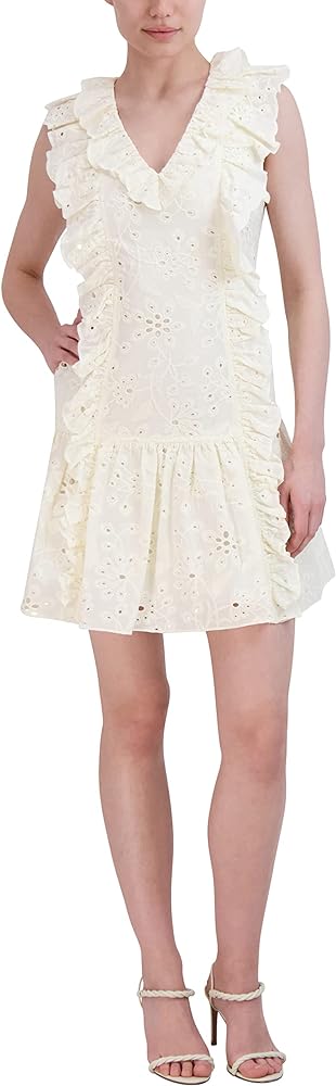 BCBGMAXAZRIA Women's V Neck Sleeveless Ruffled Eyelet Dress