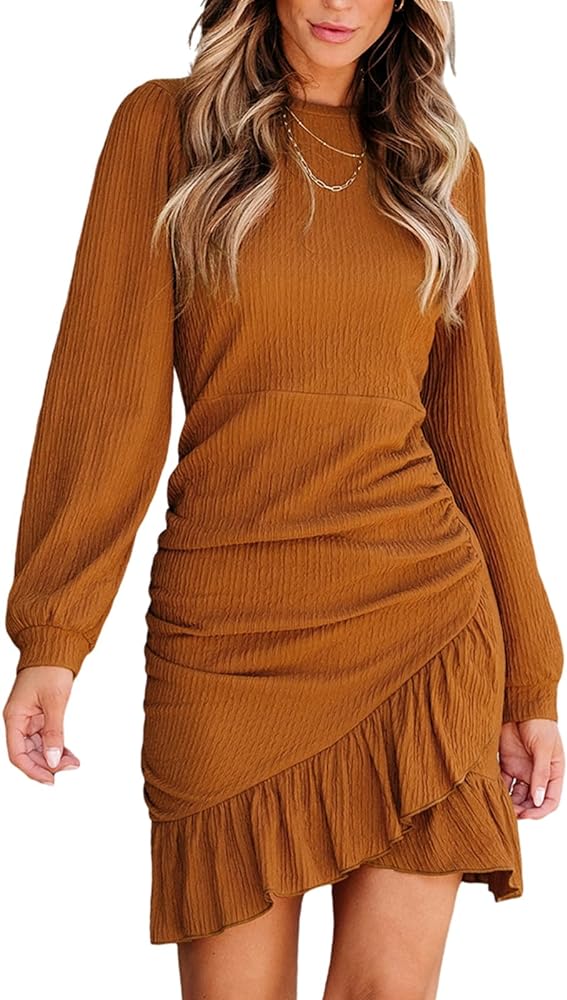 CUPSHE Women's Knit Ruched Mini Dress Ruffle Hem Crew Neck Long Sleeve Bodycon Summer Dresses