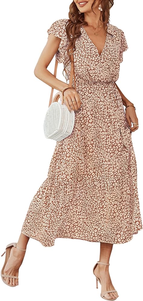 Womens Summer Dress 2024 Casual Maxi Floral Boho V Neck Wrap Short Sleeve Belted Ruffle Hem A-Line Long Dresses