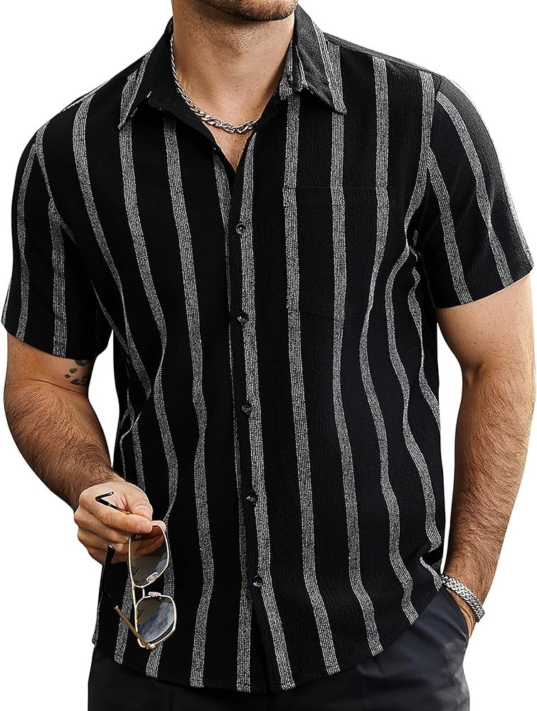 VATPAVE Mens Summer Striped Shirts Button Down Short Sleeve Vintage Beach Hawaiian Shirts with Pocket