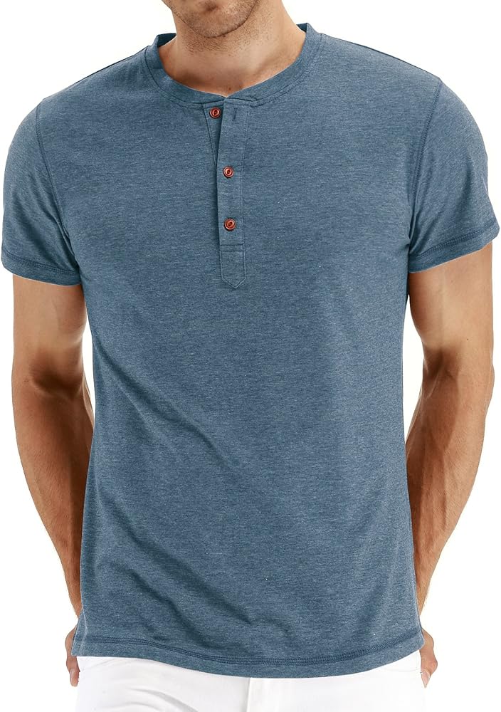 PEGENO Men's Fashion Casual Front Placket Short/Long Sleeve Henley T-Shirts Cotton Shirts