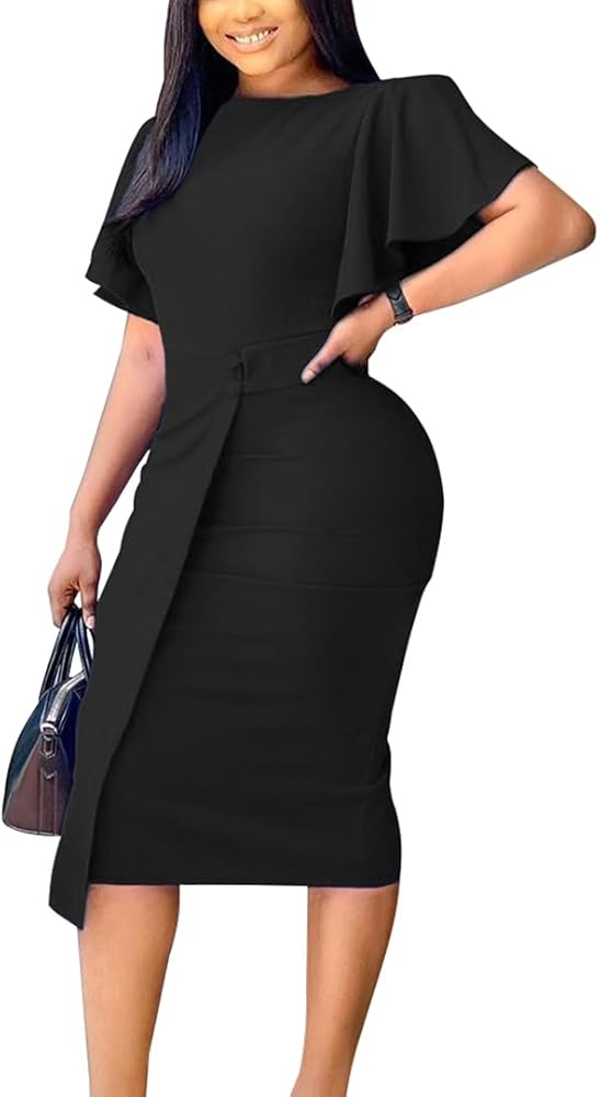 WUSENST Women's Elegant Basic Bodycon Ruffle Flared Short Sleeve Solid Crew Neck Pencil Midi Dress