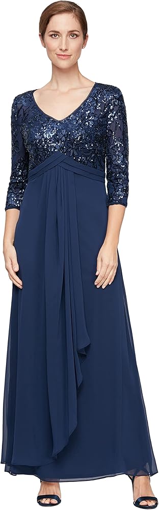 Alex Evenings Women's Petite Long Lace Top Empire Waist Dress, Navy Sequin, 10P