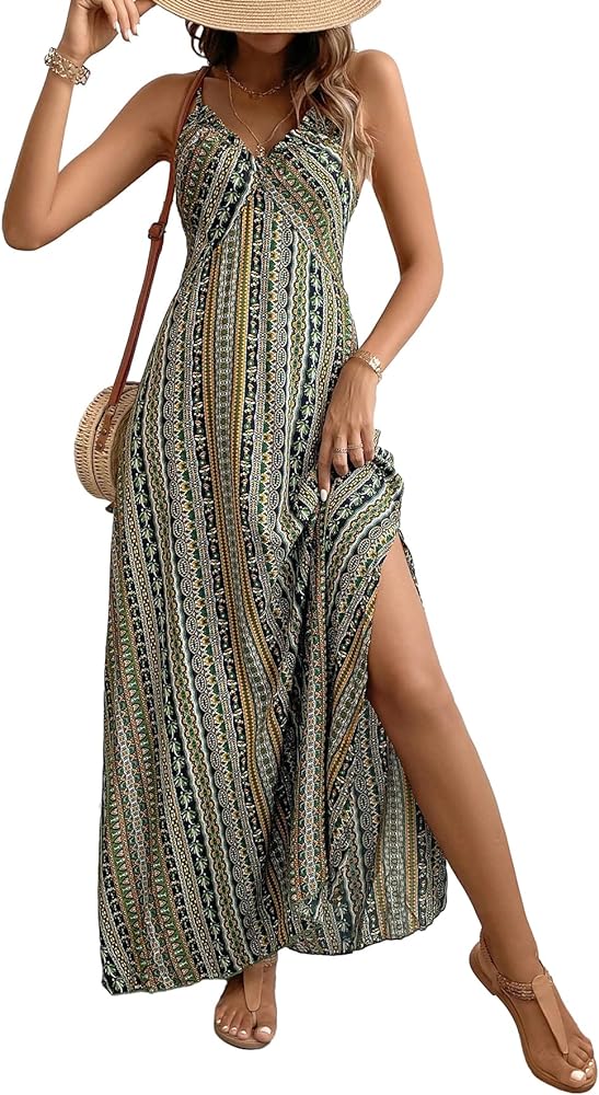 Verdusa Women's Geo Print V Neck Sleeveless Split Thigh Cami Maxi Dress