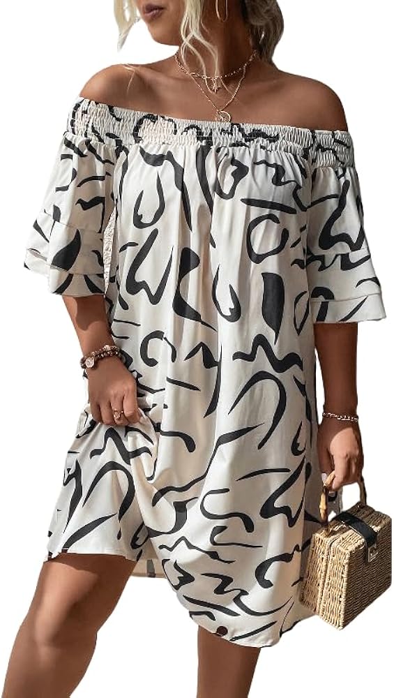 SOLY HUX Women's Plus Size Allover Print Tunic Dress Off Shoulder Ruffle Half Sleeve Summer Dresses