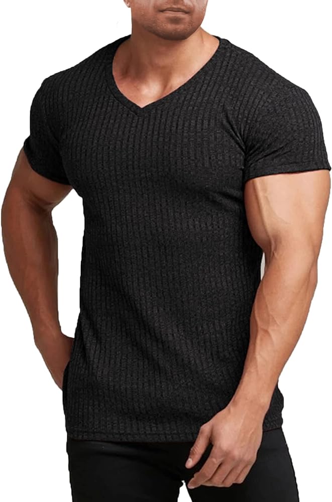 COOFANDY Men's Muscle T Shirts Stretch Short Sleeve V Neck Bodybuilding Workout Tee Shirts Ribbed Knit Shirt