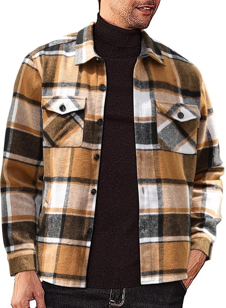 JMIERR Mens Flannel Shirts Shackets Casual Button Down Long Sleeve Plaid Shirt Lightweight Jackets with Pockets