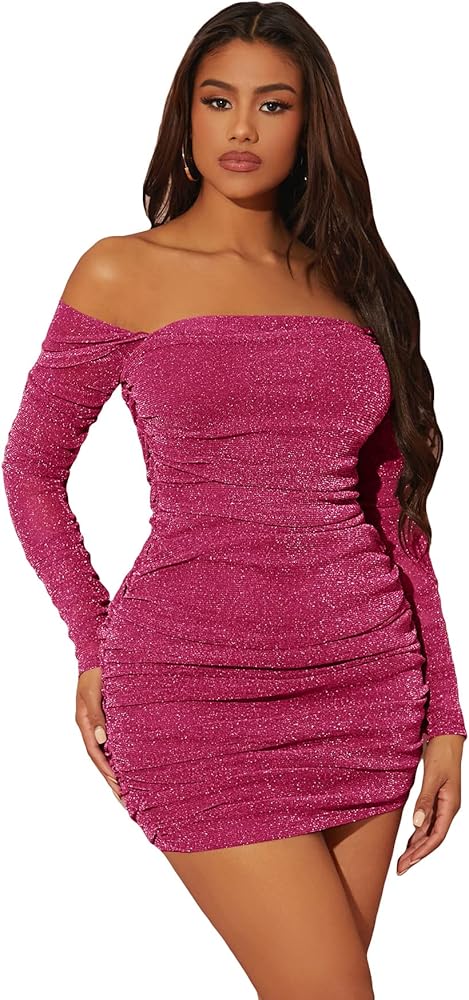 WDIRARA Women's Off The Shoulder Long Sleeve Ruched Glitter Cocktail Party Bodycon Mini Dress