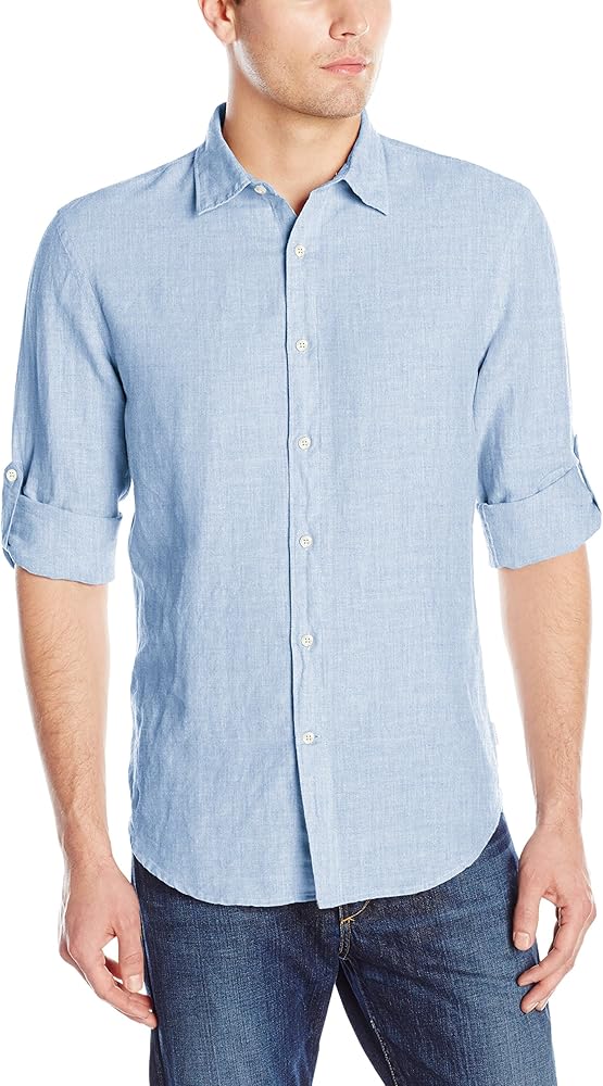 Perry Ellis Men's Roll Sleeve Solid Linen Cotton Button-Down Shirt (Size Small-Xx-Large)