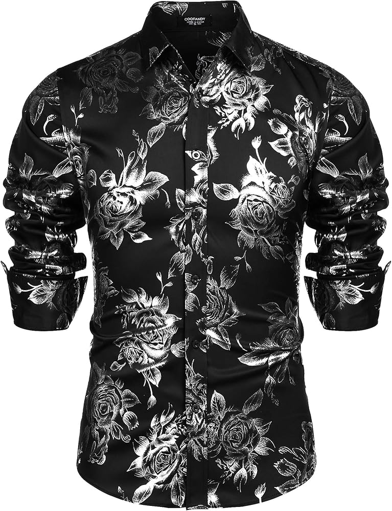 COOFANDY Men's Rose Shiny Shirt Luxury Flowered Printed Button Down Shirt