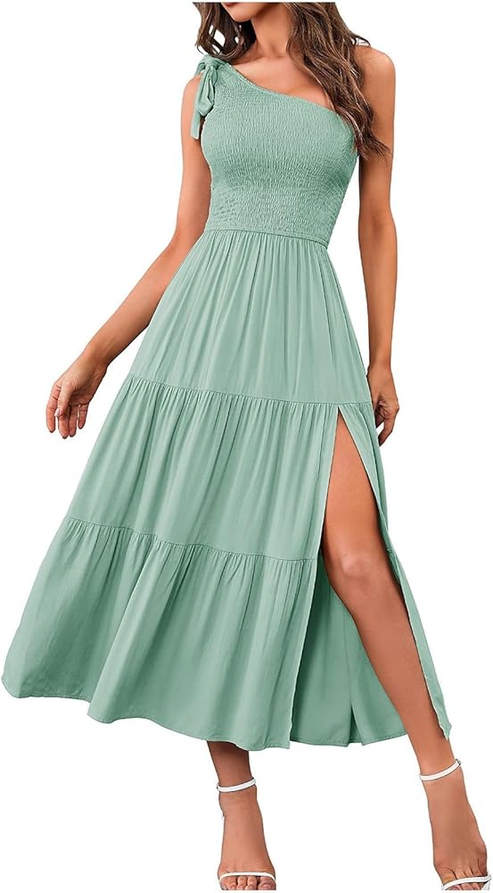 Women's Summer Dress 2024 One Shoulder Sleeveless Knot Smocked Midi Dress Split Tiered Flowy Dresses