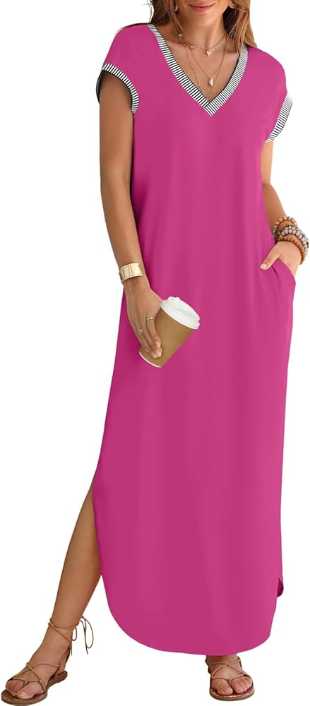 MEROKEETY Women's 2024 Summer Short Sleeve Maxi Dress V Neck Split Loose Casual Beach Long Dresses