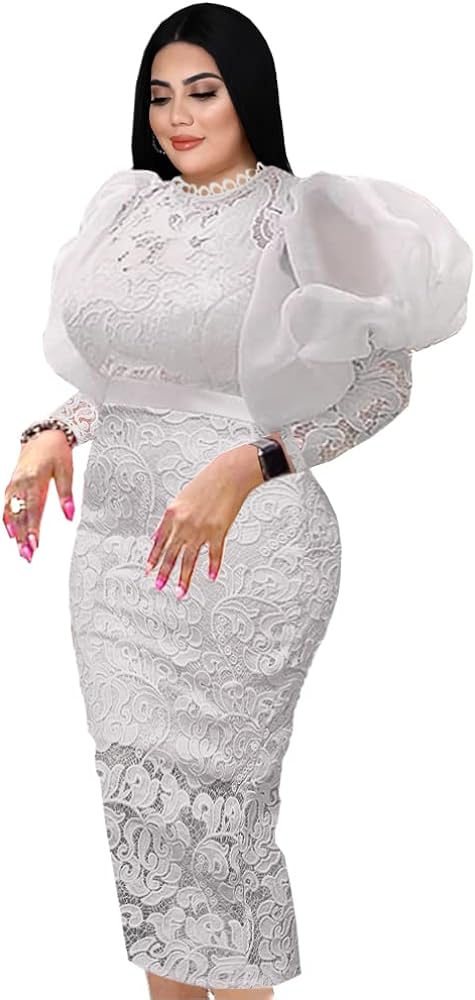 Women's Floral Lace Long Sleeve Patchwork Mesh Slim Pencil Midi Dress