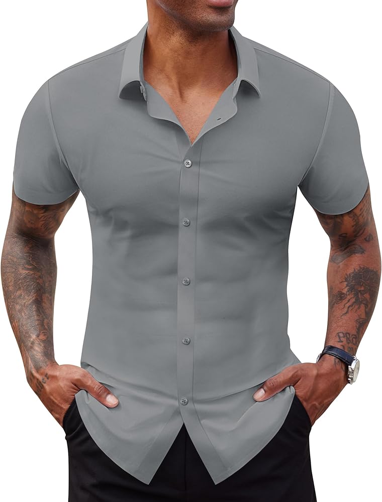 Stretch Dress Shirts for Men Short Sleeve Slim Fit Casual Button Down Shirts Muscle Fit Men's Dress Shirts