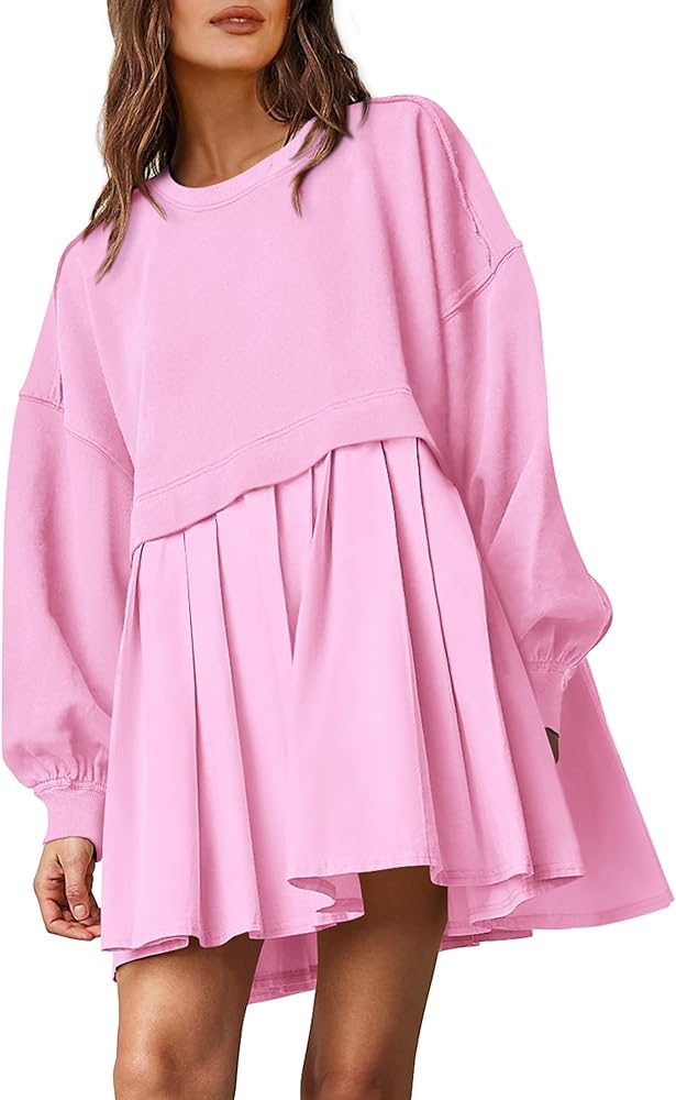 PRETTYGARDEN Women's Casual Sweatshirt Dress Long Sleeve Patchwork Pullover Tops Pleated Mini Dresses