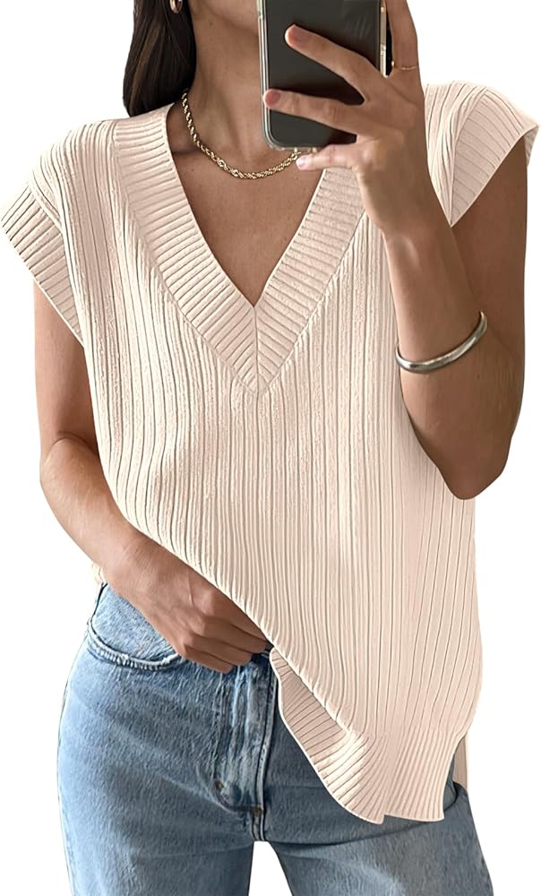 ANRABESS Womens V Neck Sweater Vest Oversized Sleeveless Tops Casual Ribbed Knit Loose 2024 Summer Tank Top Outfits Clothes