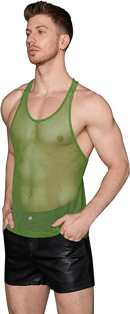 WDIRARA Men's Fishnet Tank Top Scoop Neck Mesh Solid Sleeveless T Shirts