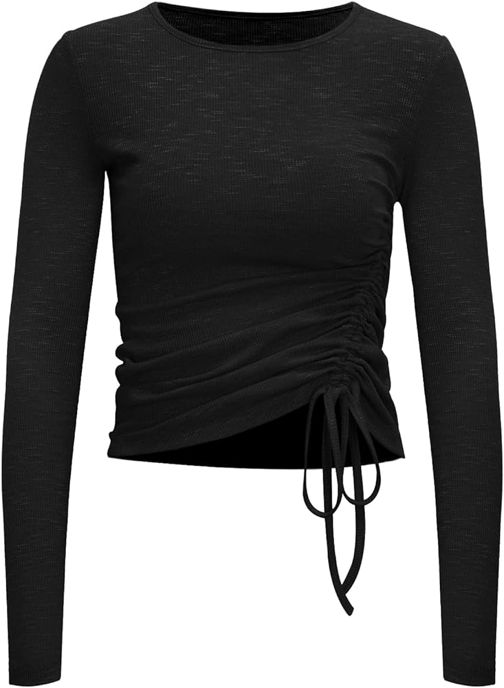 Womens Long/Short Sleeve Workout Tops Ruched Side Yoga Atheltic Shirt Slim Fitted