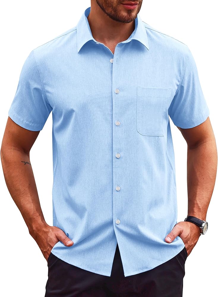 Short Sleeve Button Down Men Shirt Mens Short Sleeves Dress Shirts Beach Summer Casual Linen Shirt Men Wrinkle Free