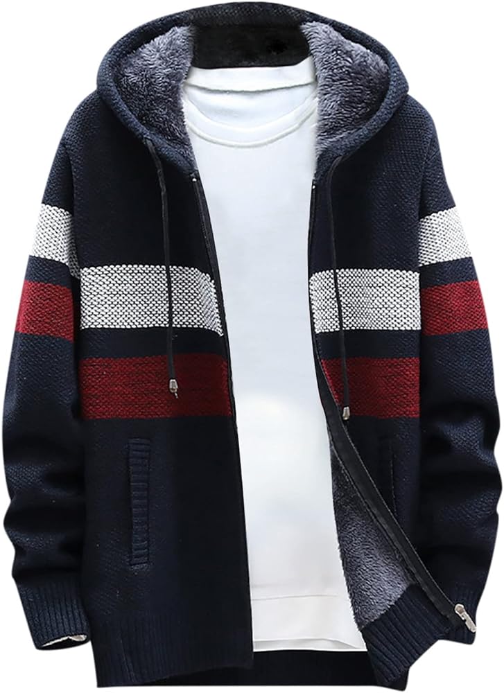 Mens Open Front Hooded Cardigan Sweater,Winter Warm Fuzzy Fleece Lined Knitted Coat Casual Colorblock Patchwork Outwear