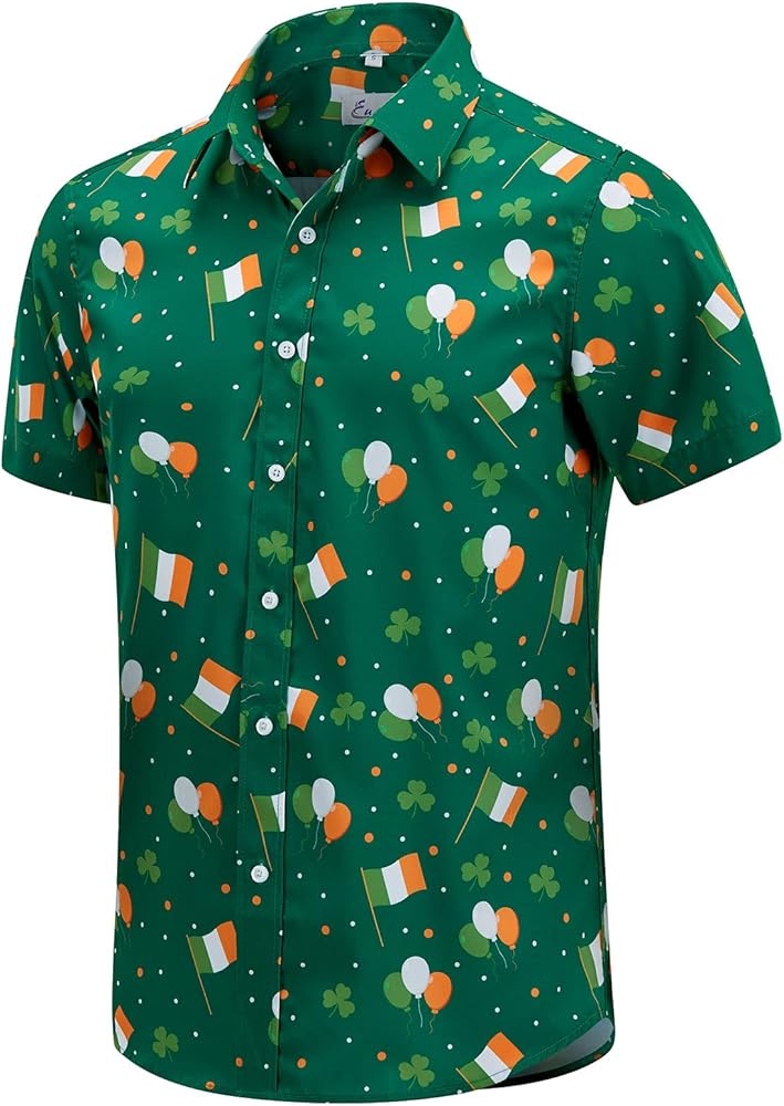 EUOW St. Patrick's Day Hawaiian Shirt for Men Irish Printed Casual Short Sleeve Button Down Beach Shirts