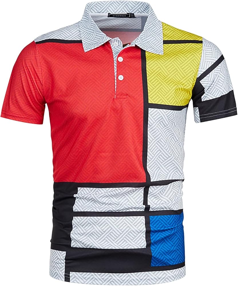 Mens Slim Fit Polo Shirts Print Button Lapel Short Sleeve Golf Breathable Comfortable Shirts Summer Fashion Casual Polo