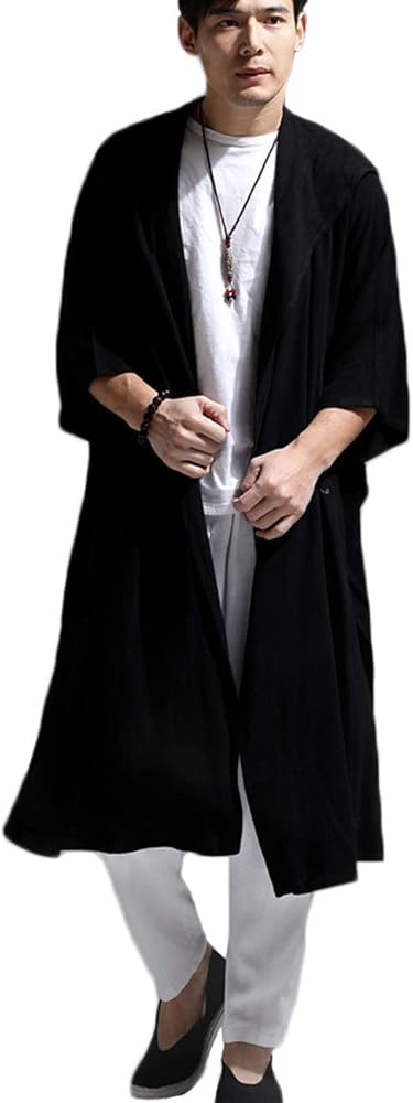 Mens Linen Cotton Draped Cardigans Half Sleeve Hooded Long Shawl Ruffle Trench Coat