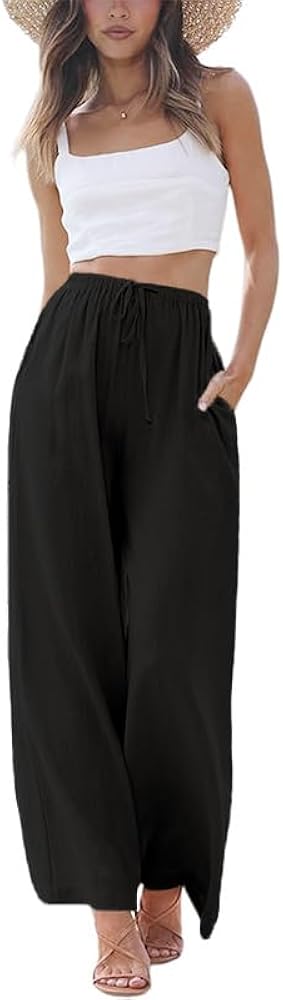 Linen Pants Women Summer Palazzo Pants Flowy Wide Leg Beach Trousers with Pockets