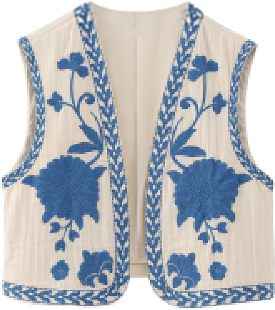 Meihuida Women Embroidered Vest Top Y2k Vintage Open Front Floral Boho Cropped Waistcoat