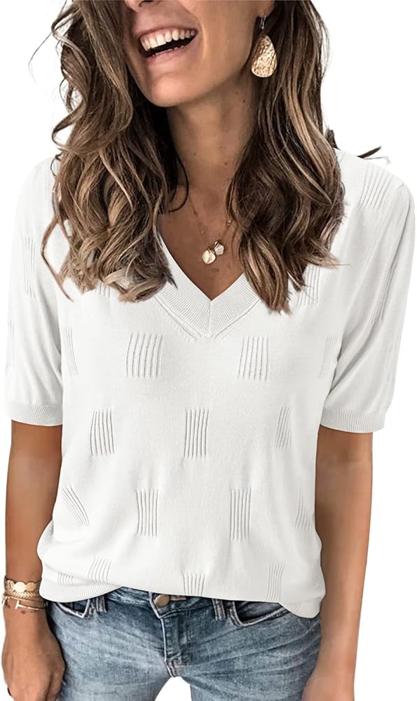 Arach&Cloz Womens Sweaters Soft Lightweight Summer 2024 Versatile Dressy Blouse Short Sleeve Knit Tops Fashion Fall Trendy